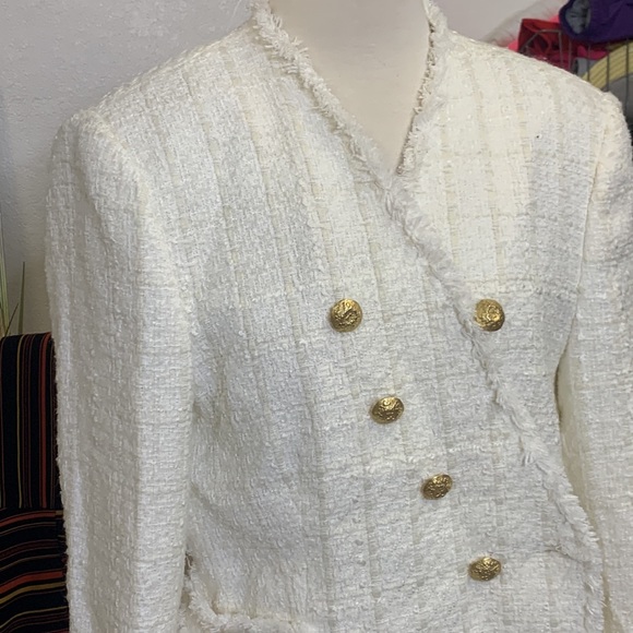 Zara Ivory Tweed Frayed Blazer (Like Balmain) Size XL Women Extra Large - Picture 5 of 16